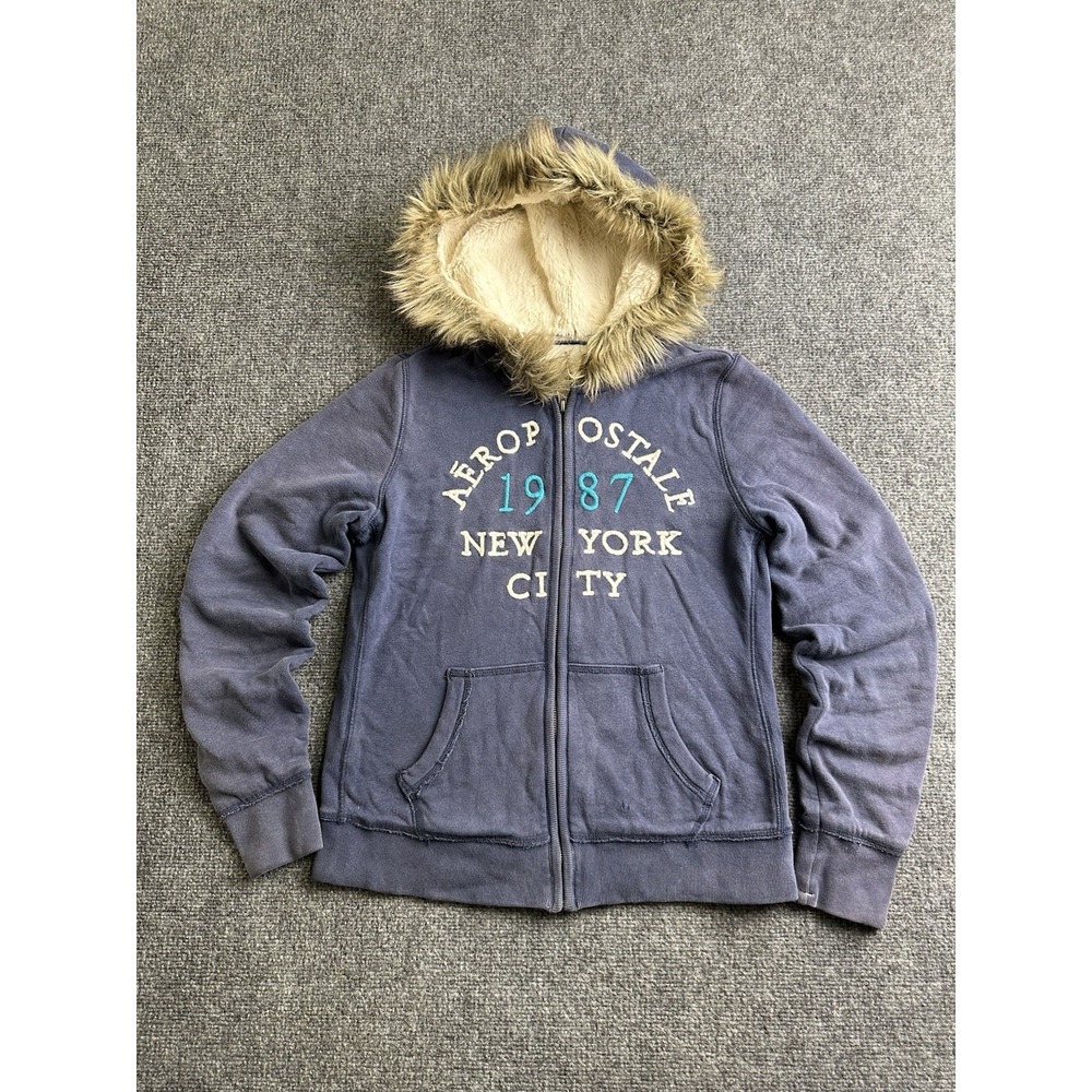 Women's Aeropostale 1987 New York Sherpa Lined Fur Hood Zip Hoodie, Size L